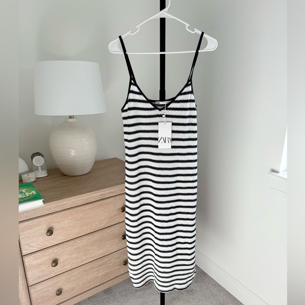 Zara Black and White Striped Midi Dress